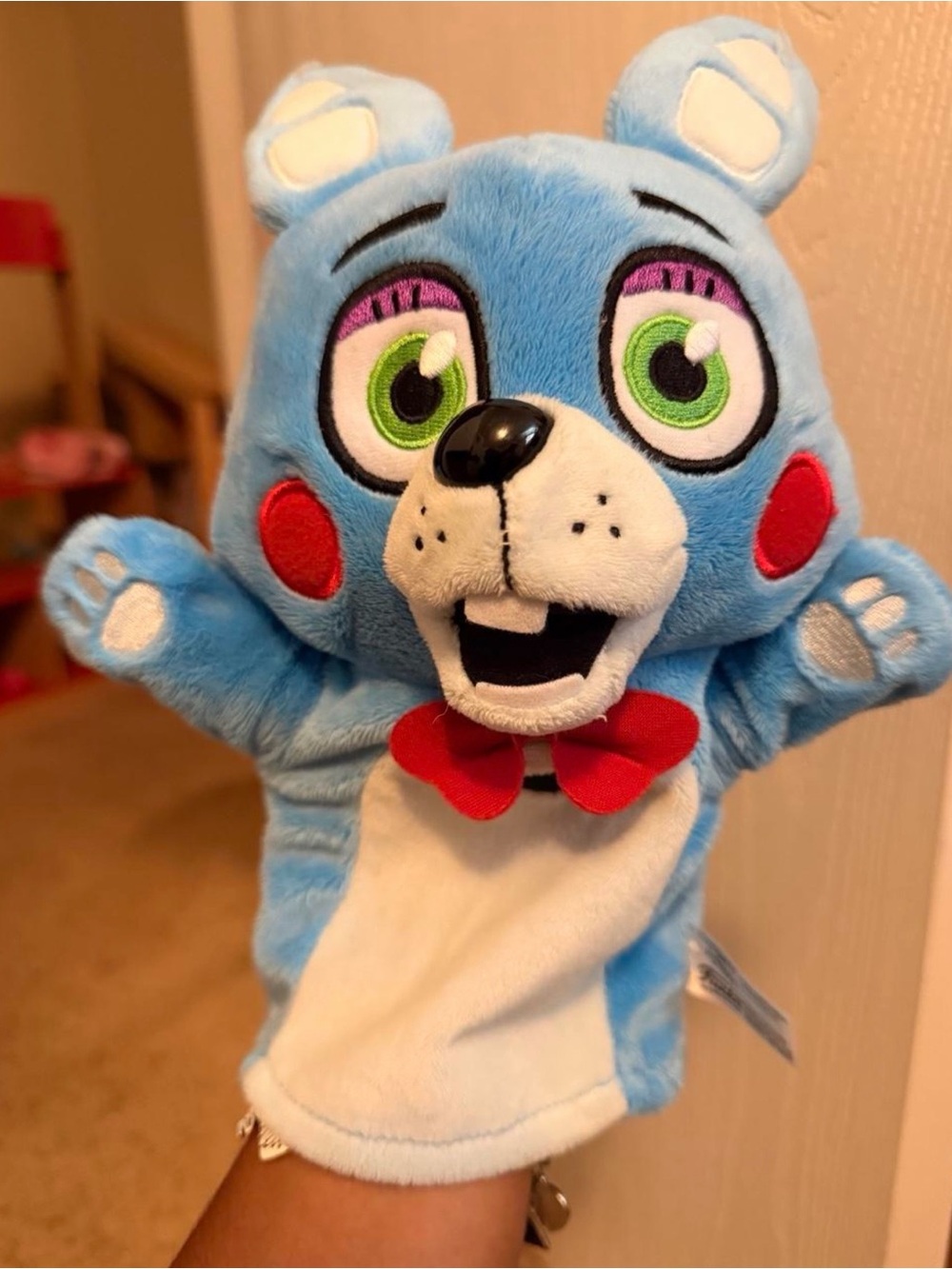 Funko Blue Bear Hand Puppet with Red Bow and Green Eyes